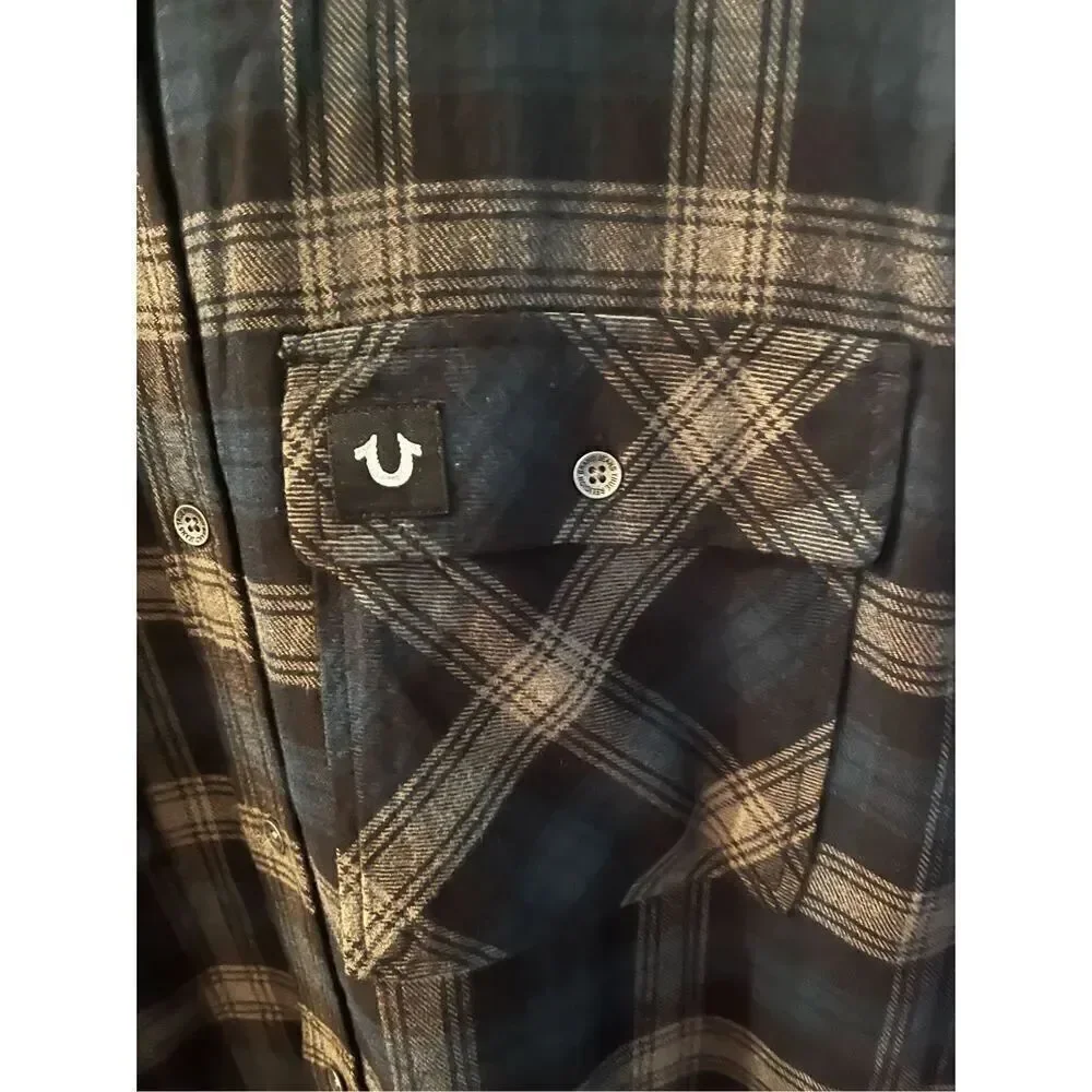 True Religion Triple Needle Plaid Blue Black Gray Flannel Button Down Shirt sz X